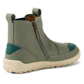 The Bobux KP Kids Plus Trail Leather Boot Juniors Vetiver Green Alpha features sage green leather, a barefoot-shaped toe box, side zipper, beige rubber sole, teal heel and toe accents, plus visible stitching., 9420074824219, 9420074824226, 9420074824233, 9420074824240, 9420074824257, 9420074824264, 9420074824271