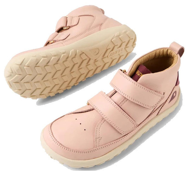 The Bobux KP Kids Plus Trek Leather Boot Juniors in Cameo Rose Pink Alpha features a barefoot-shaped toebox, beige zero-drop soles, two velcro straps, and a heel pull tab, shown from side and bottom views on a white background., 9420068563346, 9420068563353, 9420068563360, 9420068563377, 9420068563384, 9420068563391, 9420068563407