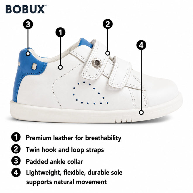 Introducing the Bobux Kid+ Plus KP Maverick Leather Sneaker in White Gold—children’s sneakers featuring premium leather construction, twin hook-and-loop adjustable straps for a secure fit, a padded ankle collar, and a lightweight, flexible, and durable sole. Inspired by the iconic design of Bobux Maverick kids’ leather sneakers, this stylish pair delivers everyday practicality with standout comfort. Key benefits are highlighted and numbered for convenience in the accompanying text.