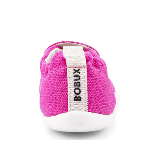 The Bobux Xplorer Scamp Crawler Fuchsia Pink 501708 Canvas is a bright pink baby shoe with a white pull tab branded BOBUX, flexible sole, and white accents—perfect toddler summer footwear., 32238, 9420068534599, 9420068534605, 9420068534612