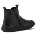 The Bobux Kid+ Black School Leather Boot Jodhpur II Black Sole Junior features a rounded toe, flat sole, side zipper, and hook-and-loop strap—shown from a rear side angle on white background. Ideal as stylish school shoes., 51128, 51129, 51130, 51131, 51132, 51133, 51134, 51128, 9420074842091, 51130, 9420074842114, 9420074842121, 9420074842138, 9420074842145