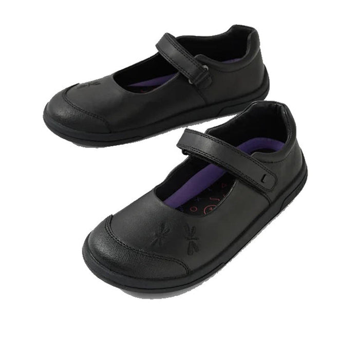 The Bobux Kid+ Skipper Black School Leather Mary Jane Shoe features hook-and-loop straps and dragonfly embroidery on the toes, designed for children and shown against a white background.