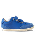 A Bobux Step Up SU Champ II Sneaker in Olympian Blue for first walkers is shown from the side, featuring two Velcro straps, a white sole, suede toe and heel accents, and visible stitching detail against a white background., 9420068552319, 9420068552326, 9420068552333