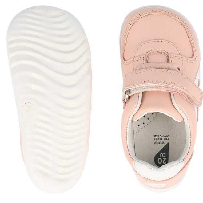 Two views of the Bobux Step Up SU Toddlers Leather Sneaker Comet Pink 734604: left shows a flexible sole with wavy grip; right displays the top, inside, hook-and-loop strap, and size 20 EU—ideal sneakers for easy wear., 9420075706415, 9420075706422, 9420075706439, 9420075706446