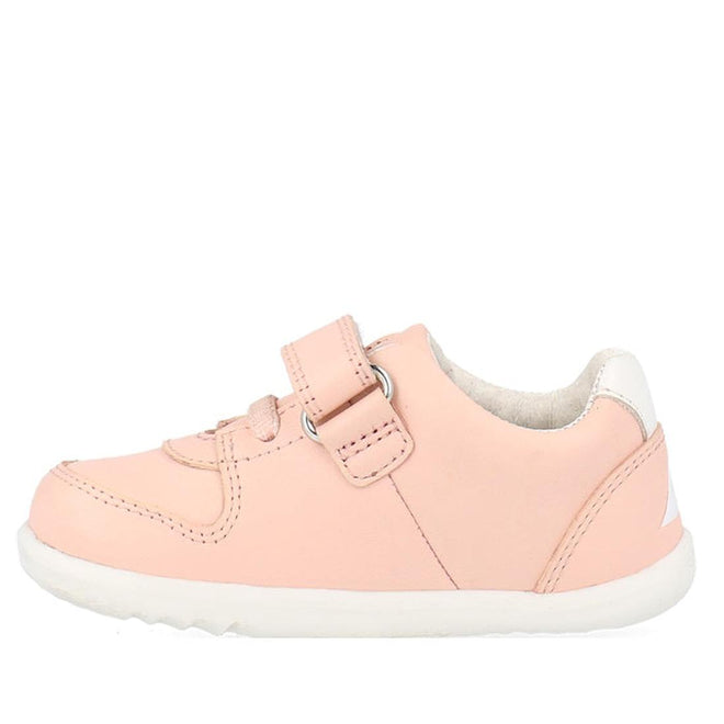 The Bobux Step Up SU Toddlers Leather Sneaker Comet Pink 734604 features a light pink leather upper, white flexible sole, hook-and-loop strap with lace detail, rounded toe, and cushioned white lining—ideal everyday sneakers for toddlers., 9420075706415, 9420075706422, 9420075706439, 9420075706446