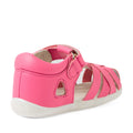 A single Bobux Step Up SU Tropicana II Pink Lemonade Closed Toe Sandal is shown from a rear side angle on a white background. This stylish toddler sandal features a closed heel, open toe, side cutouts, and a hook-and-loop strap, offering comfort and durability for little feet., 9420074809902, 9420074809919, 9420074809926