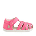 The Bobux Step Up SU Tropicana II Pink Lemonade Closed Toe Sandal for toddlers, featuring a Velcro strap, white sole, and cut-out side details reminiscent of the classic Tropicana style, is displayed against a white background., 9420074809902, 9420074809919, 9420074809926