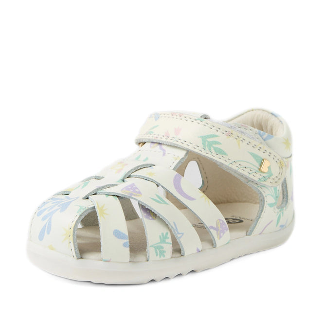 A Bobux Step Up SU Tropicana II White Floral Closed Toe Sandal for toddlers, featuring pastel floral patterns, multiple straps, a closed toe design, a Velcro closure, and a flexible rubber sole., 9420074810007, 9420074810014, 9420074810021