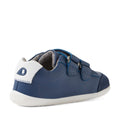 The Bobux SU Step Up Blaze Leather Toddlers Sneaker in Vintage Indigo is a blue leather first walker shoe for kids, featuring a white heel, gray inner lining, two hook-and-loop straps, and a white quick-drying rubber sole—shown at an angled back left view., 9420074848758, 9420074848765