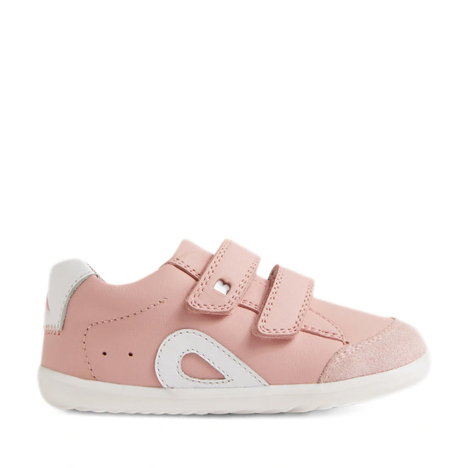 The Bobux SU Step Up Blaze Leather Toddlers Sneaker in Ballet Pink features two Velcro straps, white accents, and a white sole, seen in side profile on a plain background—making it the perfect choice for kids’ leather sneakers as those all-important first walking shoes., 9420074848901