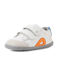 The Bobux SU Step Up Blaze Leather Toddlers Sneaker in White Orange features a white leather upper with two velcro straps, orange and blue accents, a gray sole, and a light beige toe cap—perfect first walking sneakers for little ones., 9420074848789, 9420074848796, 9420074848802, 9420074848819