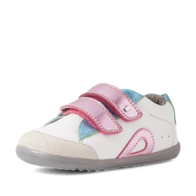 The Bobux SU Step Up Blaze Leather Toddlers Sneaker White Pink is a stylish first walking shoe for toddlers, crafted in white leather and adorned with pink velcro straps, pastel blue and green accents, a grey sole, and a playful pink decorative swirl on the side., 9420074848833, 9420074848840, 9420074848857, 9420074848864