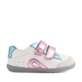 The Bobux SU Step Up Blaze Leather Toddlers Sneaker in White Pink features metallic pink velcro straps, vibrant metallic blue and pink accents, a light gray sole, and a soft suede toe cap. Crafted with care for little feet, these children’s leather sneakers are perfect for toddlers taking their first steps and are shown stylishly on a white background., 9420074848833, 9420074848840, 9420074848857, 9420074848864