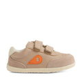 The Bobux Step Up SU Champ Sneaker First Walker in Warm Taupe is a beige toddler shoe featuring two hook-and-loop straps, suede accents, an orange teardrop-shaped detail with a “B” on the side, and a white rubber sole—making it an ideal leather sneaker for first walkers., 9420074861894, 9420074861900, 9420074861917