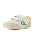 Introducing the Bobux Step Up SU Champ Sneaker First Walker in White Green—a small toddler shoe featuring two hook-and-loop straps, a distinctive green teardrop with a “B” on the side, yellow heel detailing, and a cream rubber sole—perfect for little ones taking their first steps., 9420074861795, 9420074861801, 9420074861818