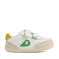 The Bobux Step Up SU Champ Sneaker First Walker White Green is a small toddler shoe in white and beige, designed as a first walker, featuring two hook and loop straps, a yellow accent on the heel, and a green design with a heart-shaped B on the side., 9420074861795, 9420074861801, 9420074861818