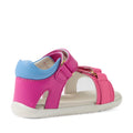 Bobux SU Step Up Dune First Walker Open Toe Sandal in Rose Bright Pink for toddlers features a white sole, open design, padded ankle support, and adjustable straps for a comfortable fit; shown from the back and side on a white background., 9420074856128, 9420074856135, 9420074856142