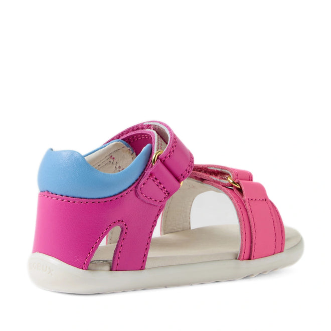 Bobux SU Step Up Dune First Walker Open Toe Sandal in Rose Bright Pink for toddlers features a white sole, open design, padded ankle support, and adjustable straps for a comfortable fit; shown from the back and side on a white background., 9420074856128, 9420074856135, 9420074856142
