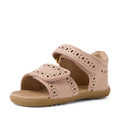 The Bobux Step Up Grass Logan First Walker Sandal in Cameo Rose Pink is designed for little girls, featuring two adjustable velcro straps and decorative cut-out details. With a soft tan sole and an open toe and heel design, these light pink sandals offer both comfort and style—making them the perfect choice for first walkers.