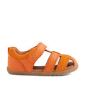 The Bobux Step Up Sandal Roam Closed Toe Sandals in Orange Peel feature bright orange leather with an open toe, closed heel, and three side straps. Designed with a Velcro closure on top and a brown flexible sole, these sandals are shown against a white background., 9420074807250, 9420074807267, 9420074807274