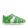 Here’s your rewritten sentence using the product data: The Bobux Step Up SU Toddlers Tidal Retro Green Closed Toe Sandal is a water-friendly leather sandal for toddlers, featuring a closed heel and toe, Velcro strap, open sides, and a white rubber sole. It is pictured from the side on a white background., 9420074808424, 9420074808431, 9420074808448, 9420074808455
