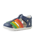 Introducing the Bobux Step Up SU Toddlers Tidal Vintage Indigo Blue Closed Toe Sandal — a stylish blue sandal designed for toddlers, featuring open sides and vibrant green, yellow, and orange straps across the front. Made from water-friendly leather, this shoe is finished with a white sole and is adorned with a small gold B logo on the side., 9420074808578, 9420074808585, 9420074808592, 9420074808608
