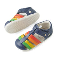 Two pairs of the Bobux Step Up SU Toddlers Tidal Vintage Indigo Blue Closed Toe Sandal, featuring water-friendly leather in classic blue with white soles and colorful green, yellow, orange, and red straps across the tops—perfect for active little feet., 9420074808578, 9420074808585, 9420074808592, 9420074808608