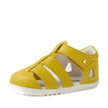 A Bobux Step Up SU Toddlers Tidal Mango Mint Yellow Closed Toe Sandal, featuring water-friendly leather in vibrant yellow with cut-out sides, a Velcro strap, and a white rubber sole—ideal as a first walker shoe—is displayed at an angle on a plain white background., 9420074808639, 9420074808646, 9420074808707