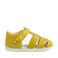The Bobux Step Up SU Toddlers Tidal Mango Mint Yellow Closed Toe Sandal features a yellow, water-friendly leather design with a closed heel, heart-shaped cutout accents, a white sole, and an easy Velcro strap—perfect first walker sandals for all your toddler’s summer adventures., 9420074808639, 9420074808646, 9420074808707