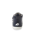 Rear view of a single Bobux Step Up Grass Court Hi Boot Navy toddler sneaker with a white sole and stylized "B" logo on the heel, photographed against a plain white background., 9420075771741, 9420075774490, 9420075778368