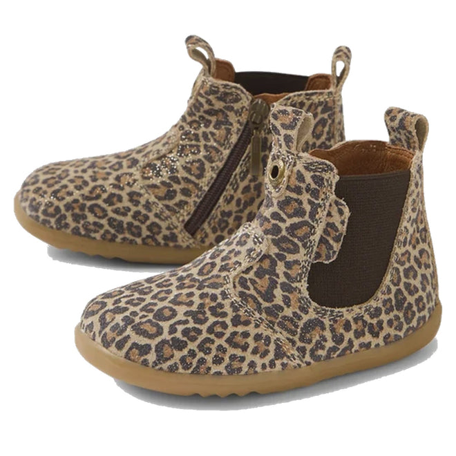 The Bobux Step Up Jodhpur Boot Leopard Shimmer is a children's boot in suede/nubuck with a leopard print, side zipper, elastic panel, pull tabs, and tan rubber soles., 51139, 9420074801081, 9420074801098, 9420074801104
