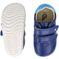 Two views of the Bobux Step Up SU Riley Sneaker Blueberry for toddlers: one top view and one bottom, showing its white wavy sole. Made with vintage-look leather and double strap closures, this unisex style comes in size EU 20., 9420075794962, 9420075794863, 9420075795112, 9420075794795