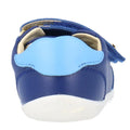 A close-up rear view of the Bobux Step Up SU Riley Sneaker in Blueberry shows its unisex style, light blue heel accent, white sole, and open double strap closures with the BOBUX logo faintly visible., 9420075794962, 9420075794863, 9420075795112, 9420075794795