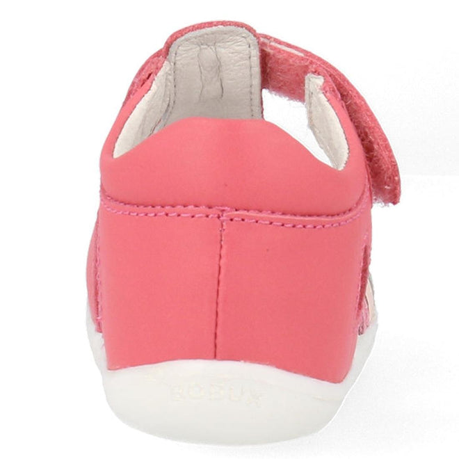 A rear view of the Bobux Step Up Mirror Leather Sandal in Guava Bright Pink Rainbow (727341) for girls, featuring a white sole, side velcro strap, and embossed BOBUX branding—ideal first walker sandals for toddlers., 9420075704640, 9420075704657, 9420075704664, 9420075704671