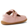 The Bobux Step Up T-Bar Rosie First Walker Shoe in Ballet Pink is a toddler leather Mary Jane with a tan rubber sole, Velcro strap, front cutout design, and visible stitching—perfect as stylish first walker shoes., 51161, 9420074849946, 9420074849953, 9420074849960