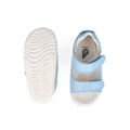 The Bobux Step Up - Topia Sandal First Walking Glacial Blue (751303) in size 20 EU is a light blue toddler sandal with white soles, two adjustable Velcro straps, supportive design, and shown from the top and bottom., 39287, 9420075763760, 9420075763678, 9420075763777