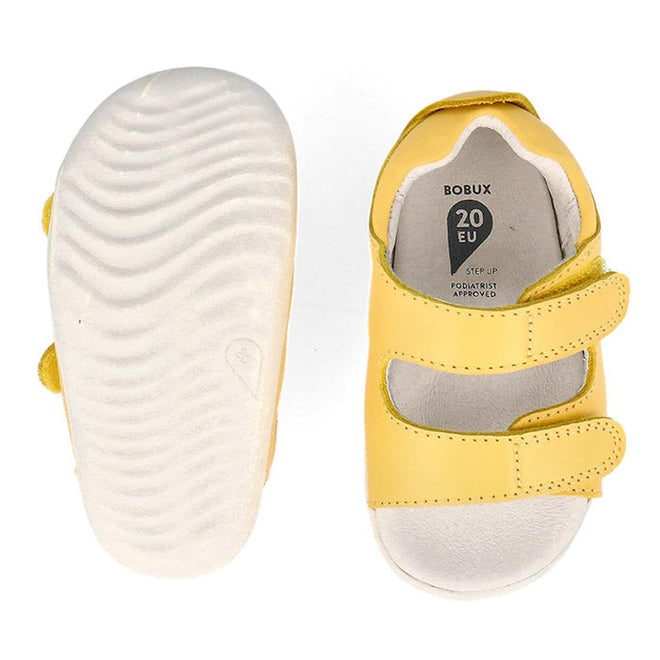 The Bobux Step Up - Topia First Walker Sandal 751304 Pineapple Yellow is a pair of size 20 EU yellow leather baby sandals with white soles and two adjustable straps—ideal as your little one's first summer walking sandal., 9420075763722, 9420075763654, 9420075764422, 9420075764446