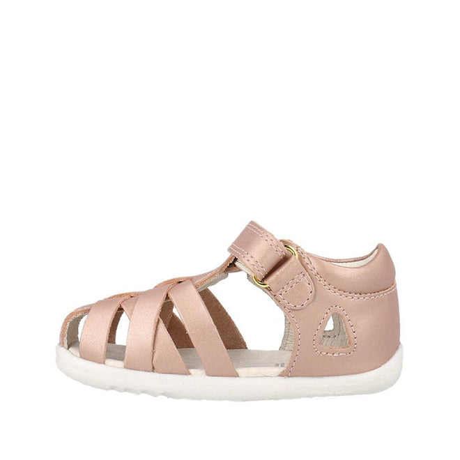 The Bobux Step Up Tropicana II Rose Gold Sandal 732318 features quick-dry leather, open toe, cutout sides, a soft white sole, and an adjustable Velcro ankle strap for all-day comfort., 9420075778528, 9420075772502, 9420075772175, 9420075772731