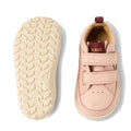 The Bobux SU Step Up Dawn Leather Boot in Cameo Rose Pink Alpha is a pair of pink barefoot shoes for first walkers, featuring two velcro straps, chevron-patterned cream-colored soles, and a maroon and gold BOBUX label on the tongue., 9420068578821, 9420068578838, 9420068578845