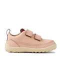 The Bobux SU Step Up Dawn Leather Boot in Cameo Rose Pink Alpha is a light pink first walkers sneaker with two Velcro straps, gold eyelets, a beige rubber sole, and a back pull tab, shown side profile on a white background., 9420068578821, 9420068578838, 9420068578845