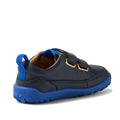 The Bobux IW Iwalk Dawn Toddlers Leather Sneaker Navy Alpha Barefoot features navy leather, a bright blue sole, two velcro straps, and a blue pull tab—ideal toddler shoes for everyday adventures., 52197, 9420068565289, 9420068565296, 9420068565302, 9420068565319