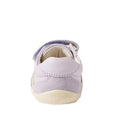 The Bobux Step Up SU Champ II Sneaker in Thistle Purple is a light purple and cream leather first walker for babies, shown from the back with BOBUX embossed on the sole and a visible Velcro strap at the top., 9420068552364, 9420068552371, 9420068552388