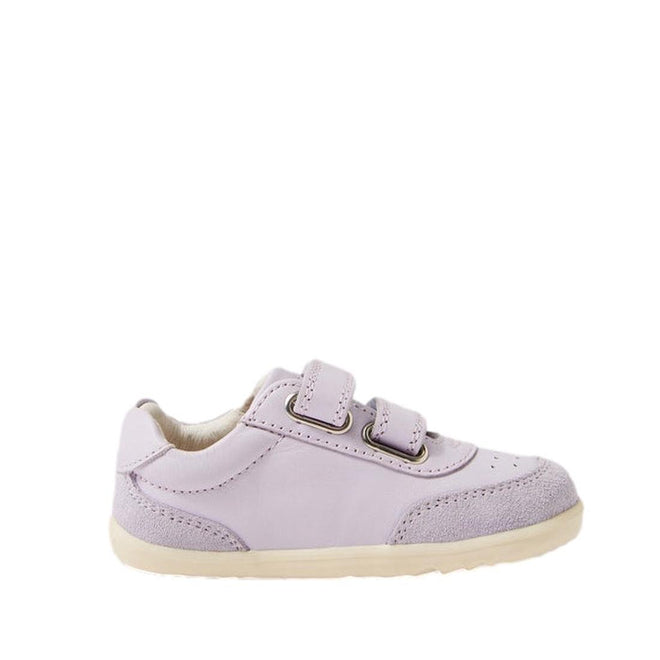 The Bobux Step Up SU Champ II Sneaker in Thistle Purple features a light purple design, beige sole, suede accents, and two hook-and-loop straps. Shown side profile on a white background, it's perfect for toddlers’ first steps., 9420068552364, 9420068552371, 9420068552388