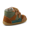 The Bobux IW Iwalk Harley Toddlers Leather Boots in tan feature brown, green, and teal leather panels, two adjustable straps, white stitching, a light brown rubber sole, and the BOBUX logo near the heel., 9420074833464, 9420074833471, 9420074833488, 9420074833495