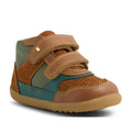 The Bobux IW Iwalk Harley Toddlers Leather Boots in Tan feature brown, green, and teal leather panels, perforated details, two adjustable strap closures, and a tan rubber sole—ideal for stylish toddlers on the move., 9420074833464, 9420074833471, 9420074833488, 9420074833495