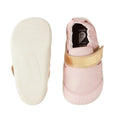 The Bobux XP Xplorer First Walking Shoes Go Ballet Pink feature light pink leather with gold straps; one shoe is shown top-down, the other highlights the flexible sole—perfect pre-walkers for your little one's first steps., 9420068568105, 9420068568112, 9420068568129, 9420068568136