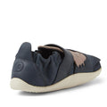 The Bobux XP Xplorer Howl First Walking Shoes Navy feature a dark blue design with an elastic heel, beige sole, and brown animal-shaped side patch, shown from the back and side on a white background., 9420074806000, 9420074806017, 9420074806024, 9420074806031, 9420074805997, 9420074806000, 9420074806017, 9420074806024, 9420074806031