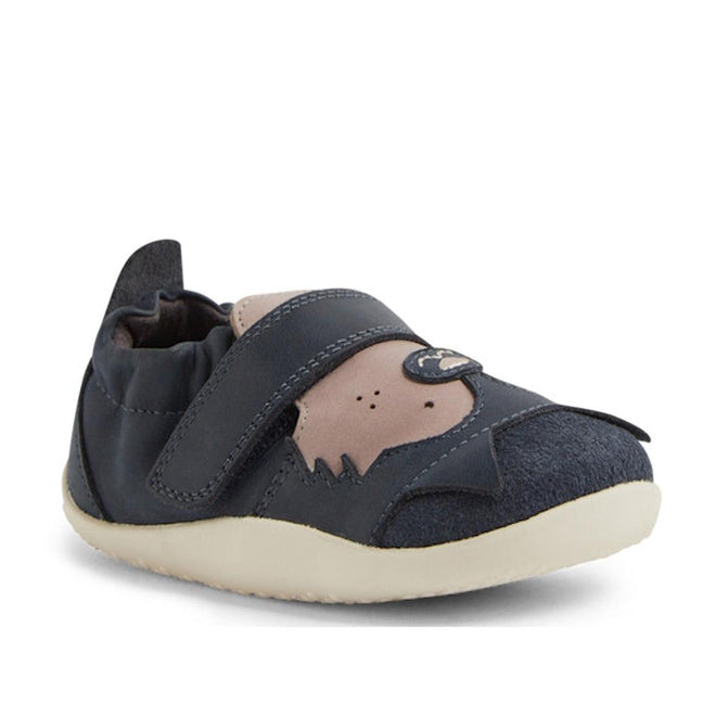 The Bobux XP Xplorer Howl First Walking Shoes in Navy feature a playful bat design, adjustable strap, soft sole, and elastic heel—perfect pre walkers for little ones. Photographed on a white background., 9420074806000, 9420074806017, 9420074806024, 9420074806031, 9420074805997, 9420074806000, 9420074806017, 9420074806024, 9420074806031