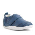 The Bobux XP Xplorer First Walking Shoes Go Vintage Indigo Blue is a single pre-walker leather shoe with a textured toe, Velcro strap, white interior, and flexible white rubber sole—perfect for first steps., 9420074842657, 9420074842664, 9420074842671, 9420074842688