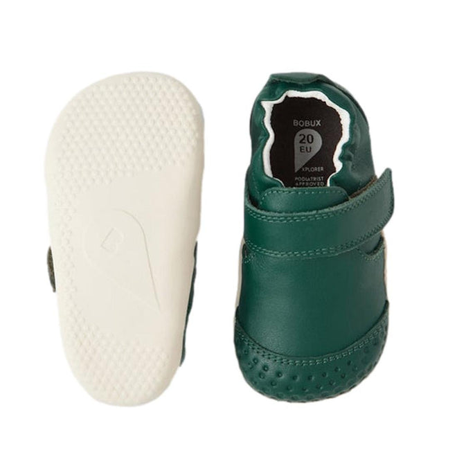 Bobux XP Xplorer First Walking Shoes Go Mediterranean Green: pre-walker leather shoes with white non-slip flexible soles, velcro strap, and size 20 EU label—ideal for little explorers taking their first steps., 9420074808820, 9420074808837, 9420074808844, 9420074808950